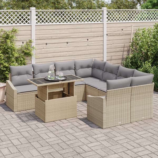 Trädgårdsoffset med kudde 9 pcs Beige och Ljusgrå konstrotting