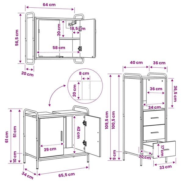 Badrumsskåpsset 3 st Gammalt trä 40 x 36 x 109,5 cm