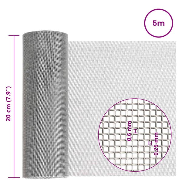 Nätduk 20 x 500 cm 30 Mesh Rostfritt stål 201 Silver