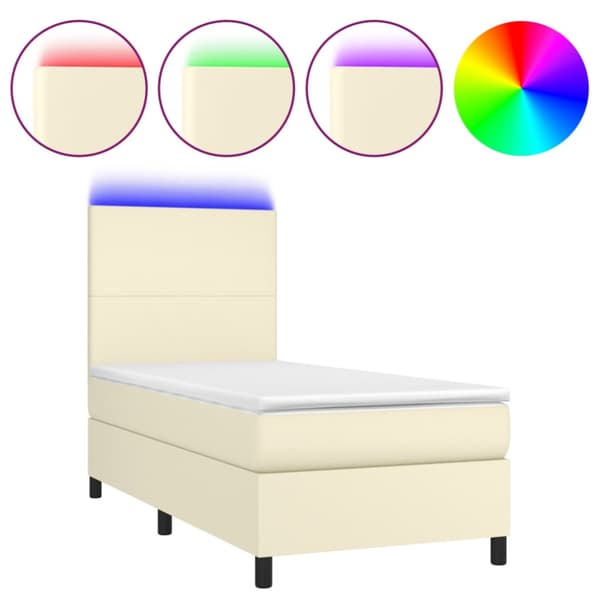 Ramsäng med madrass & LED gräddvit 90x190 cm konstläder