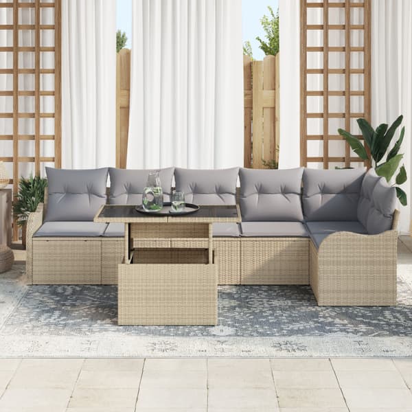 Trädgårdsoffset med kudde med kudde 7 pcs Beige Poly Rattan
