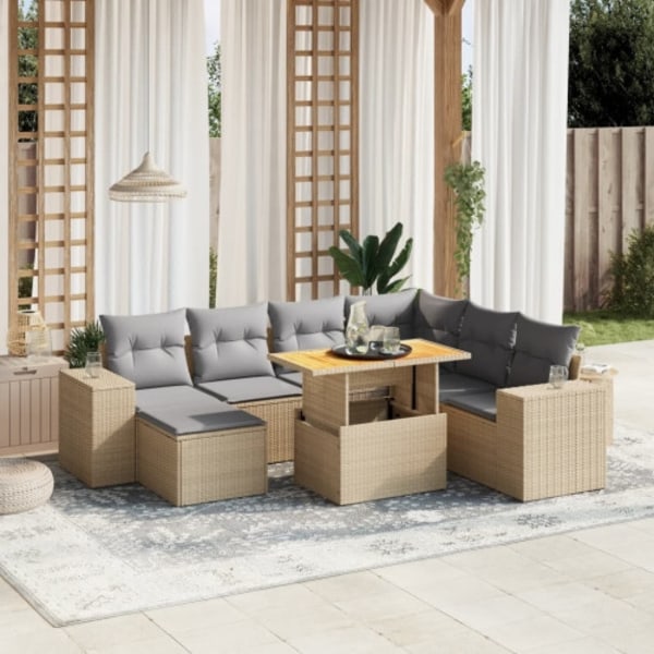 Matgrupp för trädgården med dynor 8 delar beige konstrotting