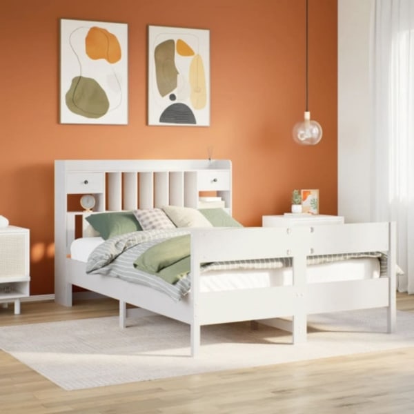 Säng med bokhylla utan madrass vit 140x190cm massiv furu