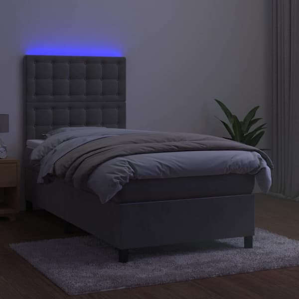 Ramsäng med madrass & LED ljusgrå 100x200 cm sammet