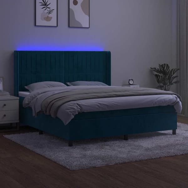 Ramsäng med madrass & LED mörkblå 160x200 cm sammet