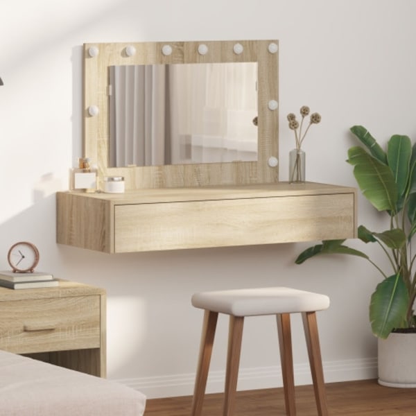 Väggmonterat sminkbord med LED-lampor sonoma-ek