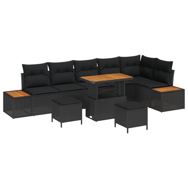 Trädgårdsoffset med kudde med lagring 9 pcs Svart Poly rattan