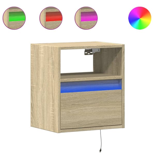 Väggmonterat sängbord med LED-lampor sonoma-ek