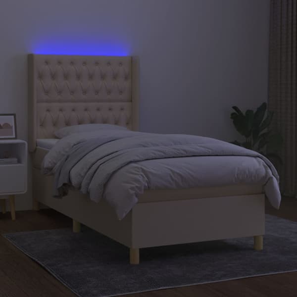 Ramsäng med madrass & LED gräddvit 80x200 cm tyg