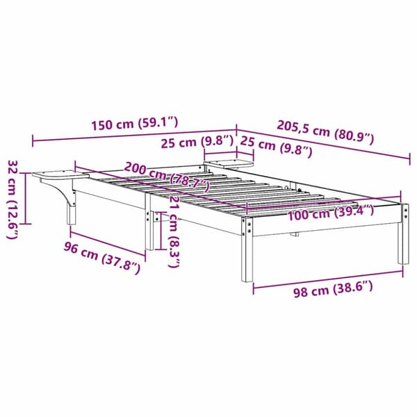 Sängram Vit 100 x 200 cm Massiv furu