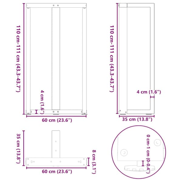 Barbordsben T-formade 2 st vita 60x35x(110-111) cm stål