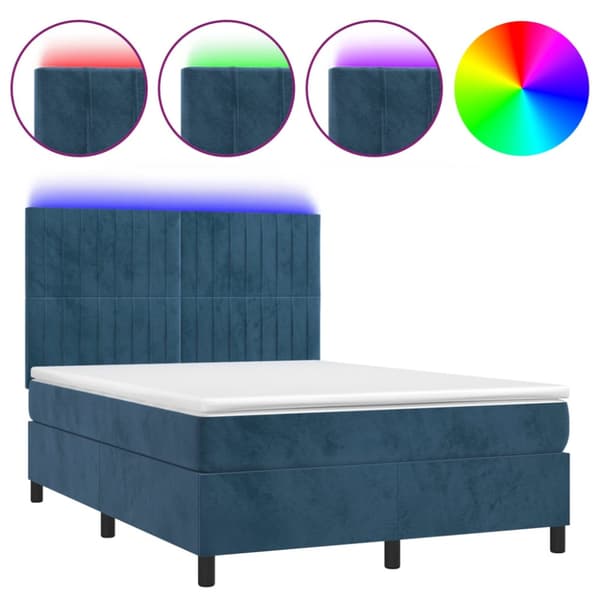 Ramsäng med madrass & LED mörkblå 140x190 cm sammet