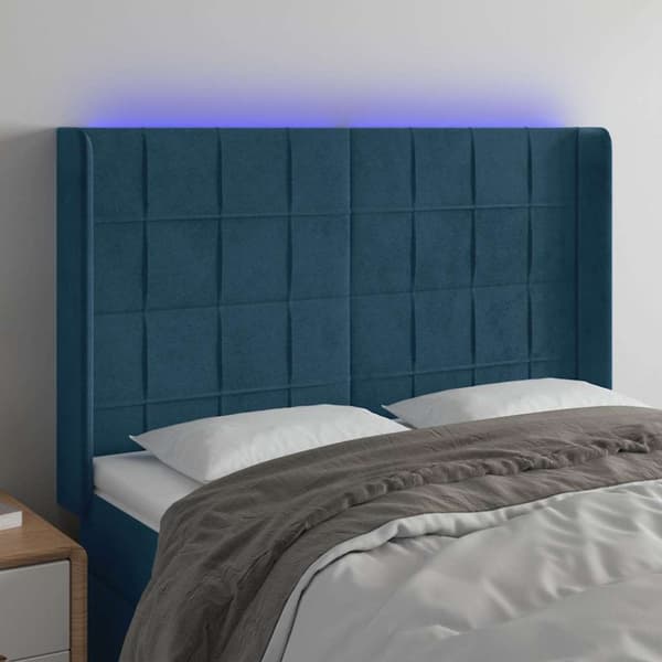 Sänggavel LED blå 147x16x118/128 cm sammet