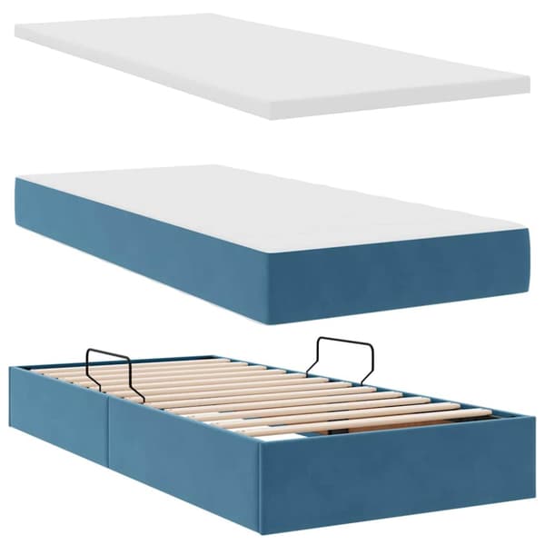 Förvaringssäng med LED med madrass Mörkblå 90 x 190 cm Sammet