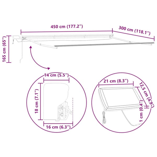 Manuell markisram med LED-lampor Grön, Gul, Vit 4,5 × 3 m