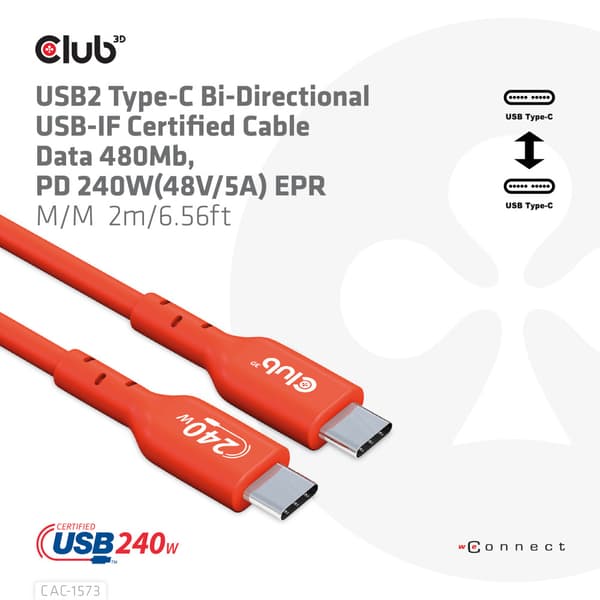 Club 3D - USB typ C-kabel - USB-C till USB-C - 2 m