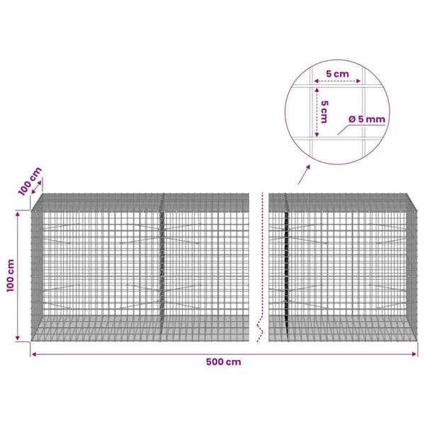 Gabion med 5 mm tråd och 5x5 cm nät 500x100x100 cm