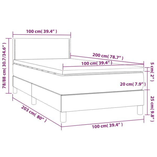 Ramsäng med madrass & LED mörkgrå 100x200 cm tyg