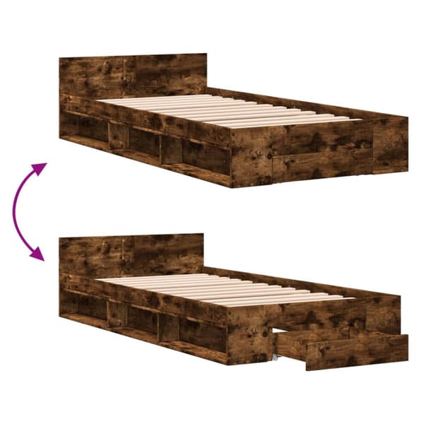 Sängram med låda rökfärgad ek 90x200 cm konstruerad trä