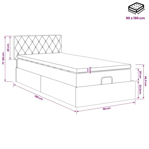 Ottoman säng med madrass Mörkgrå 90 x 190 cm Sammet