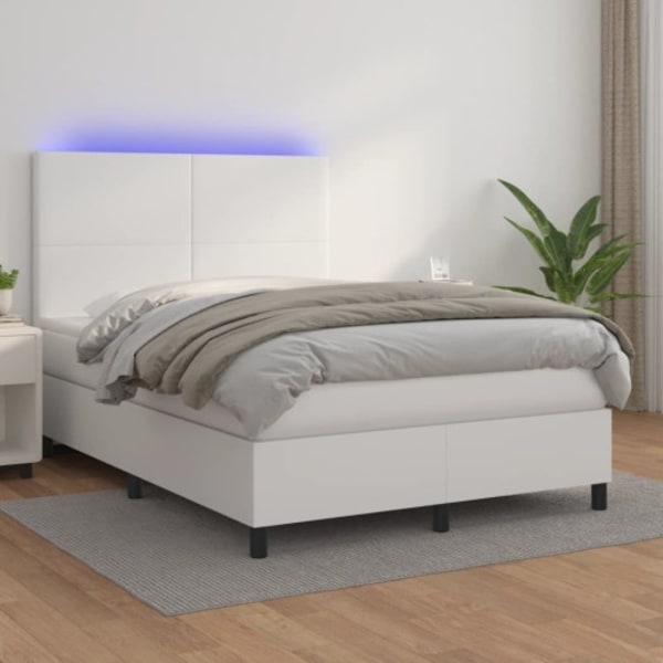Ramsäng med madrass & LED vit 140x200 cm konstläder