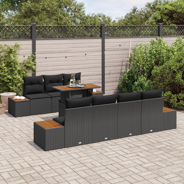 Trädgårdsoffset med kudde 8 pcs Svart Poly rattan
