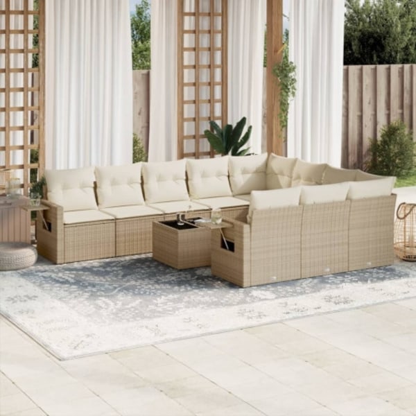 Loungegrupp för trädgården m. dynor 11 delar beige konstrotting