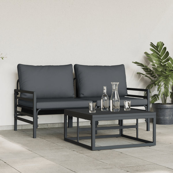 Trädgårdsoffset med kudde 3 pcs Svart Stål