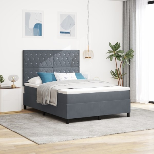 Boxspring Säng med Madrass & LED Mörkgrå 140x190 cm Sammet