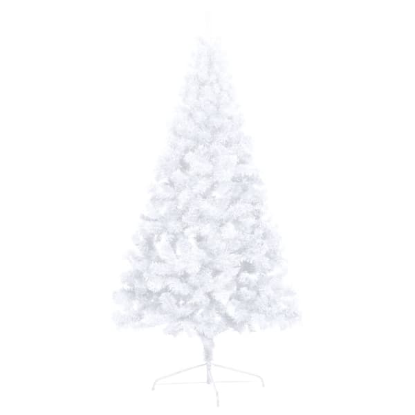 Belyst halv plastgran med kulor vit 150 cm