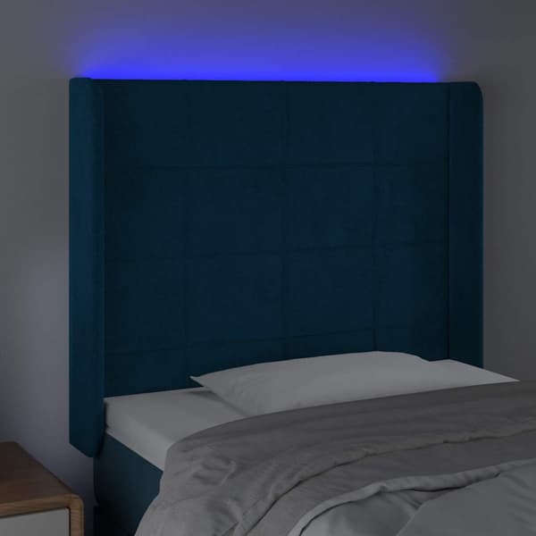 Sänggavel LED mörkblå 83x16x118/128 cm sammet