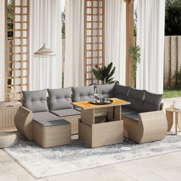 Matgrupp för trädgården med dynor 8 delar beige konstrotting