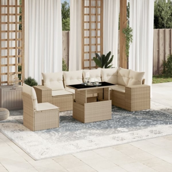 Matgrupp för trädgården med dynor 7 delar beige konstrotting