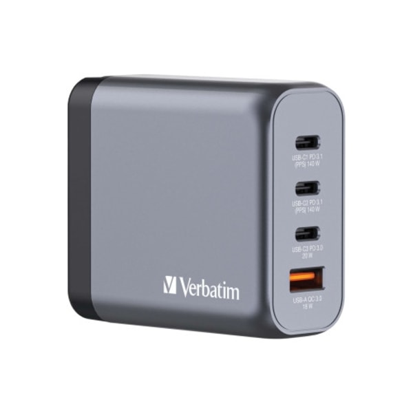 Verbatim strömadapter - GaN - 3 x USB-C, USB - 140 Watt Svart, Grå