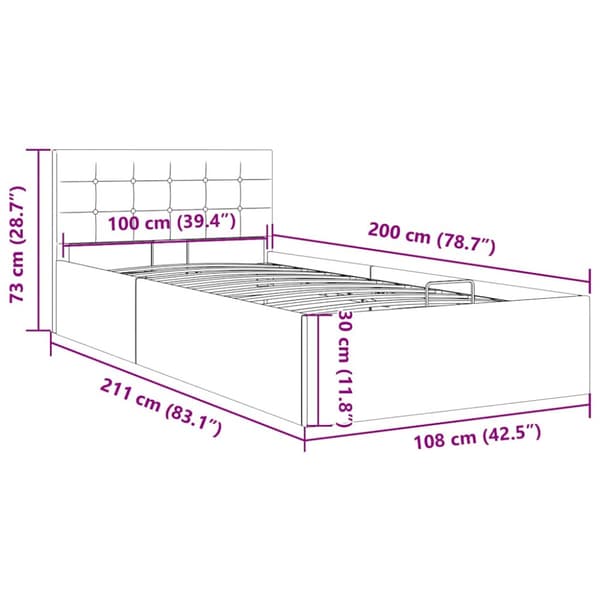 Sängram med hydraulisk förvaring mörkgrå tyg 100x200 cm