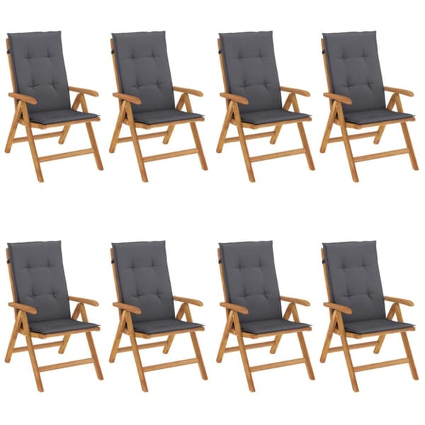 Fällbara fåtöljer med dynor, 8 st, massivt trä, teak