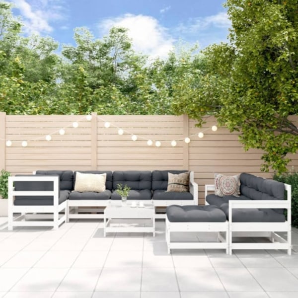 Loungegrupp för trädgården med dynor 10 delar vit massivt trä