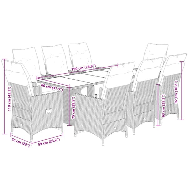 Caféset med dynor 9 delar konstrotting grå