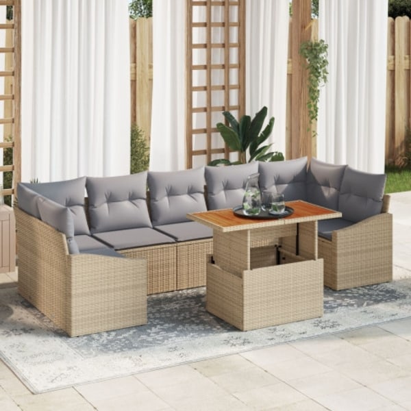 8-delat trädgårdsdining set med kuddar Beige Poly Rattan Akacia