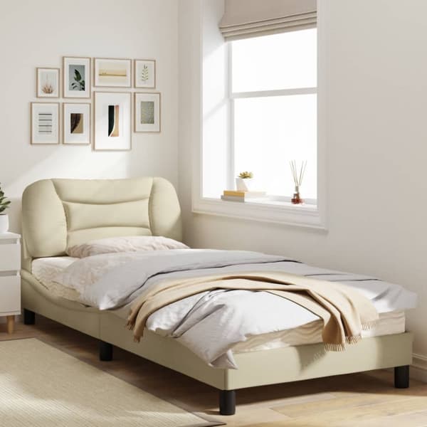 Bed Frame with LED without Mattress "Hvar" Cream 90x200 cm Fabric