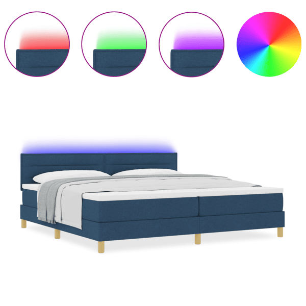 LED Box Säng med LED-ljusslingor Blå 200 x 200 cm tyg