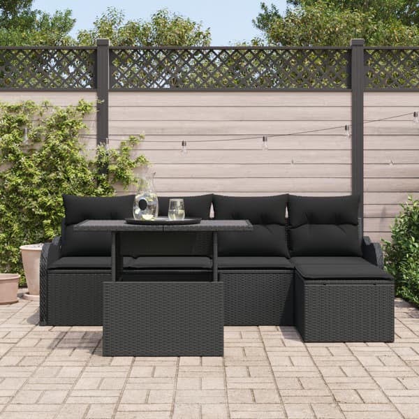 Utomhussoffgrupp med kudde 6 pcs Svart Poly rattan