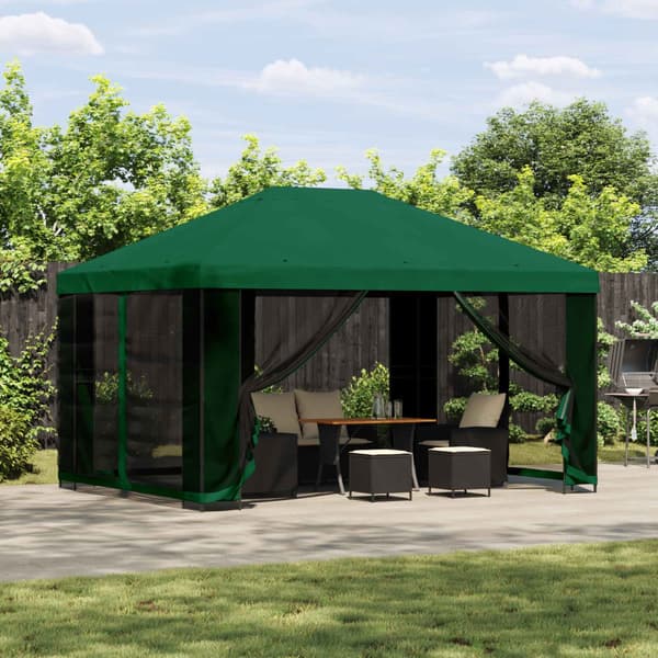 Trädgårdsgazebo med sidoväggar 4 × 3 m Grön Polyester och Stål