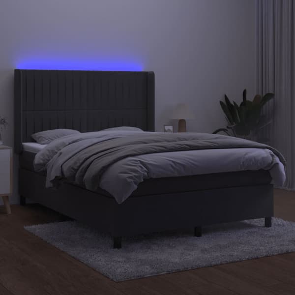 Ramsäng med madrass & LED mörkgrå 140x200 cm sammet