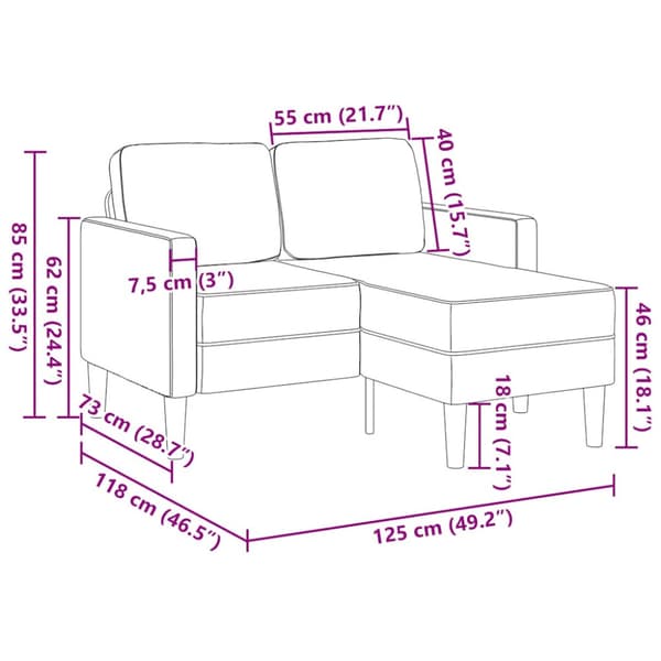 2-sitssoffa med schäslong L-formad blå 125 cm linne