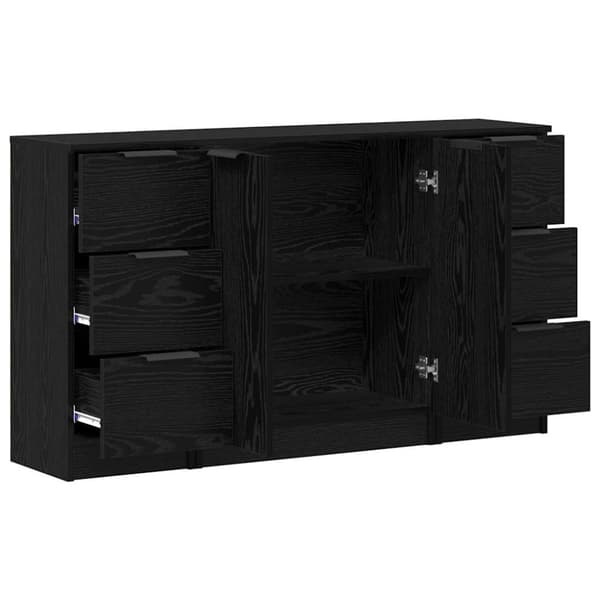 Sideboard med låda 3 pcs Svart Ek Konstruerat trä