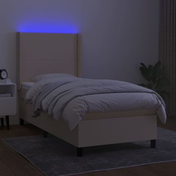 Ramsäng med madrass & LED gräddvit 90x190 cm tyg