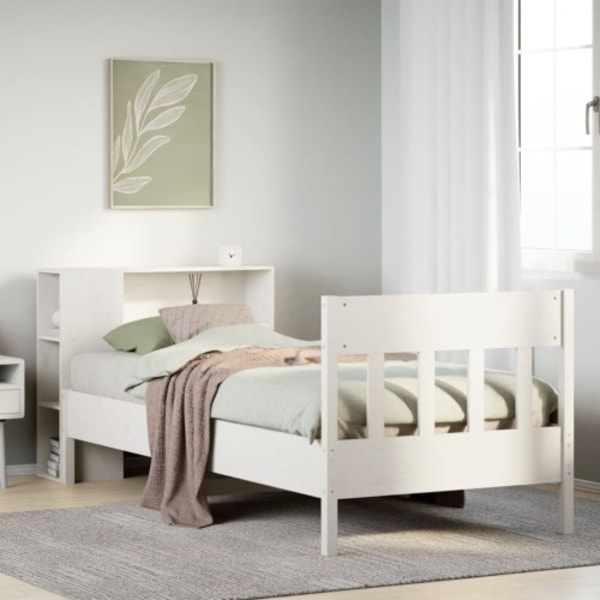 Säng med bokhylla utan madrass vit 100x200cm massiv furu
