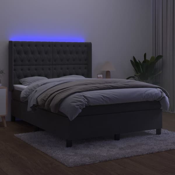 Ramsäng med madrass & LED mörkgrå 140x190 cm sammet