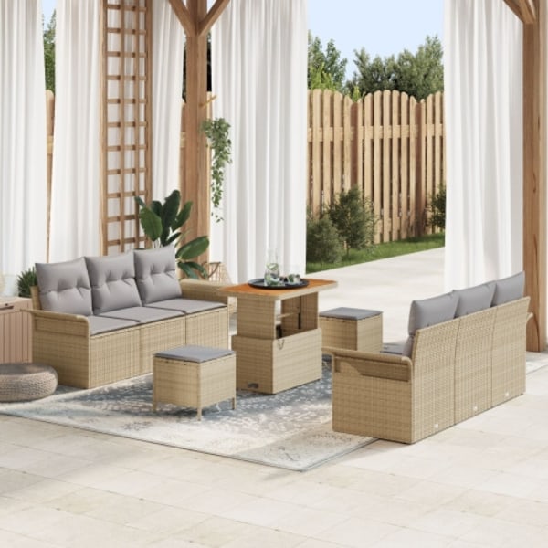 9-delat trädgårdssoffset med dynor i beige poly rattan
